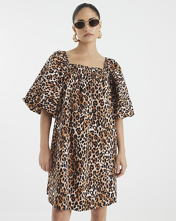 Petite Brown Puff Sleeve Leopard Mini Dress