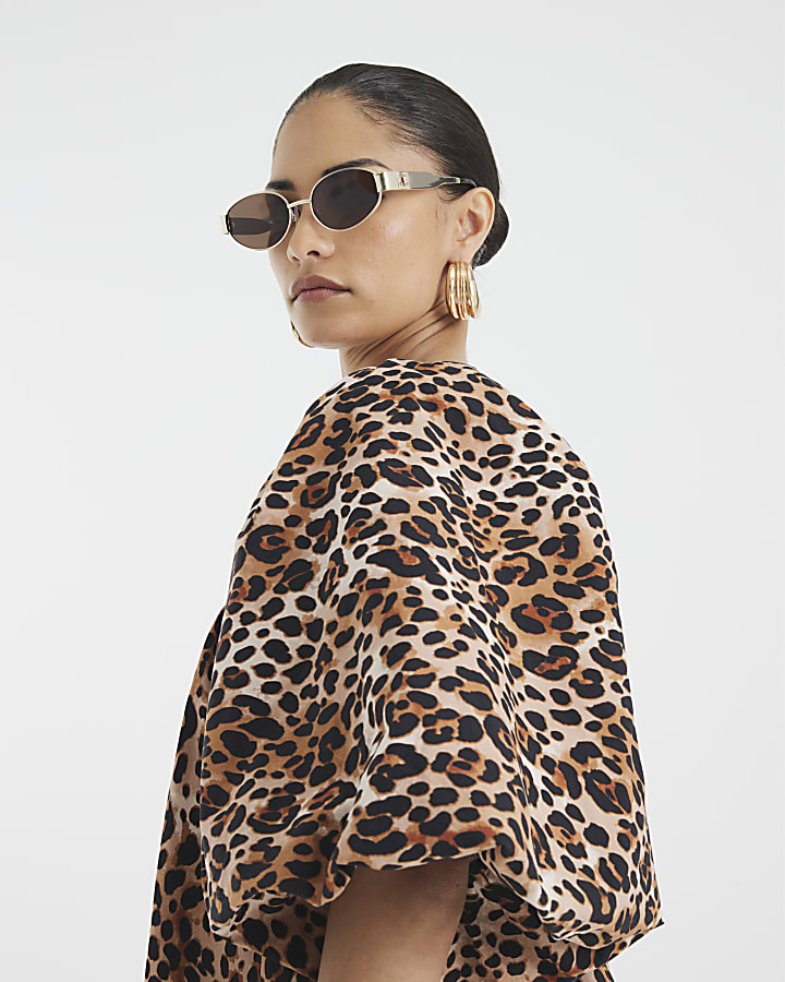 Petite Brown Puff Sleeve Leopard Mini Dress