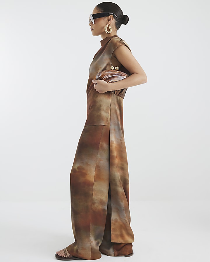 Petite Brown Abstract Print Wide Leg Trousers