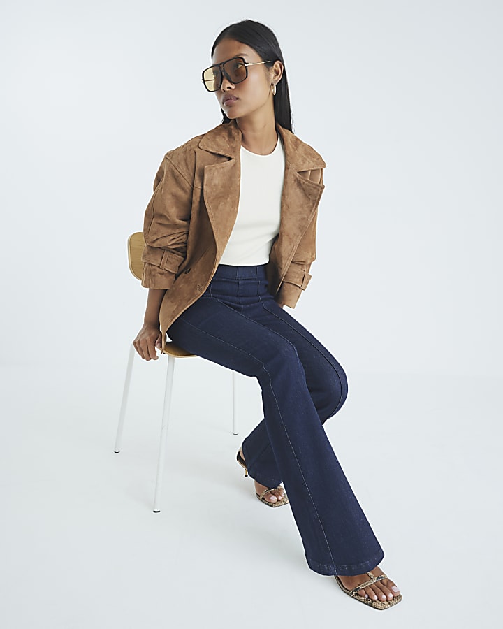 Petite Blue High Rise Pull On Flared Jeans
