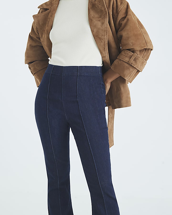 Petite Blue High Rise Pull On Flared Jeans