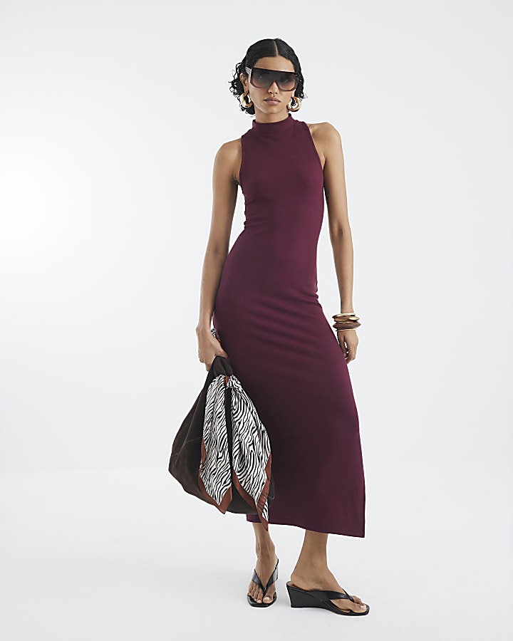 Red Sleeveless Twist Ribbed Maxi Dress
