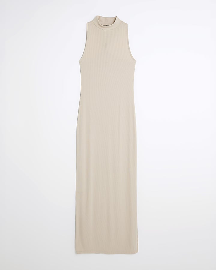 Beige Sleeveless Twist Ribbed Maxi Dress