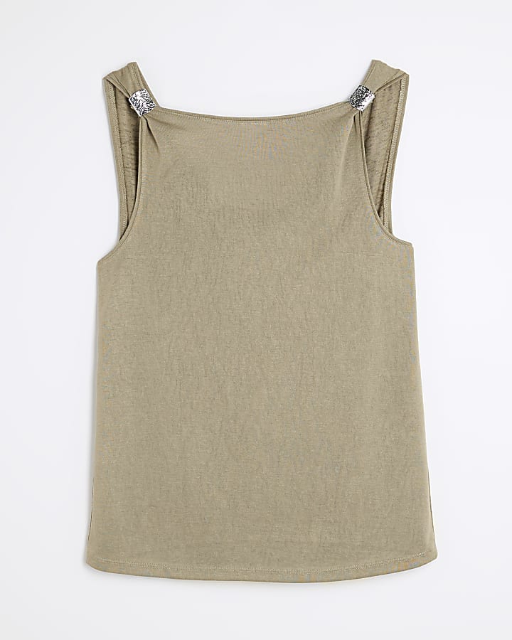 Khaki Sleeveless Scoop Back Drape Tank Top