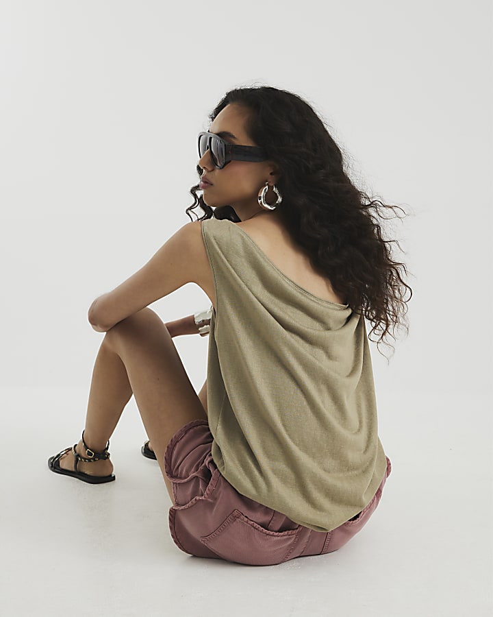 Khaki Sleeveless Scoop Back Drape Tank Top