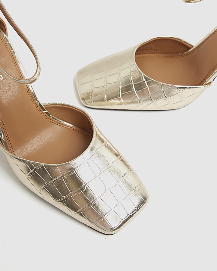 Gold Croc Ankle Strap Heels