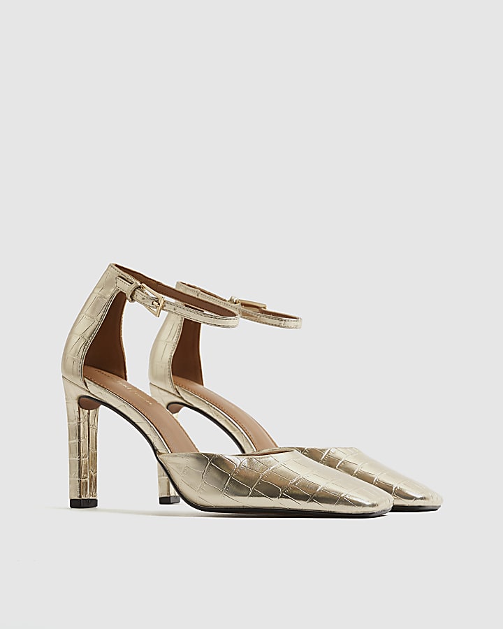 Gold Croc Ankle Strap Heels