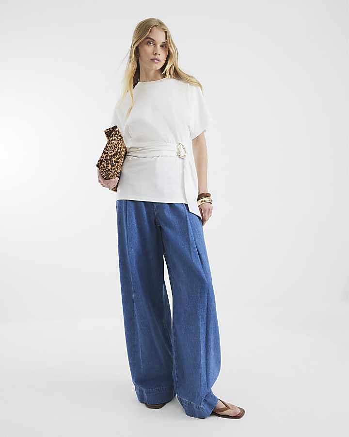 White Short Sleeve Belted T-shirt