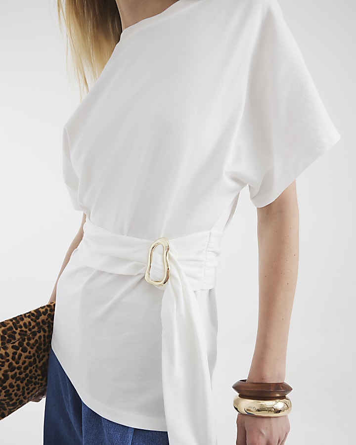 White Short Sleeve Belted T-shirt