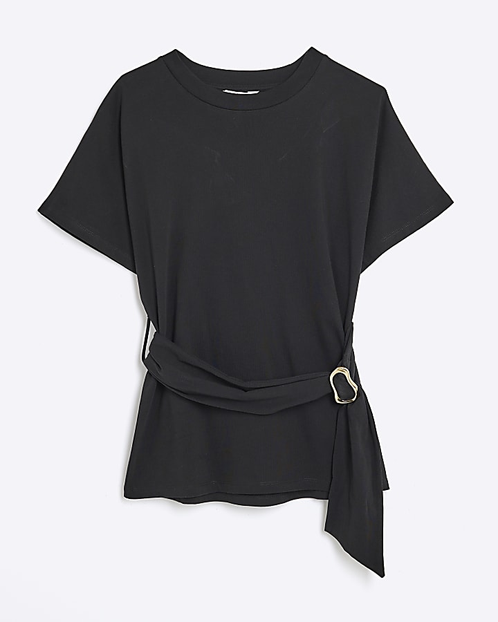 Black Short Sleeve Belted T-shirt