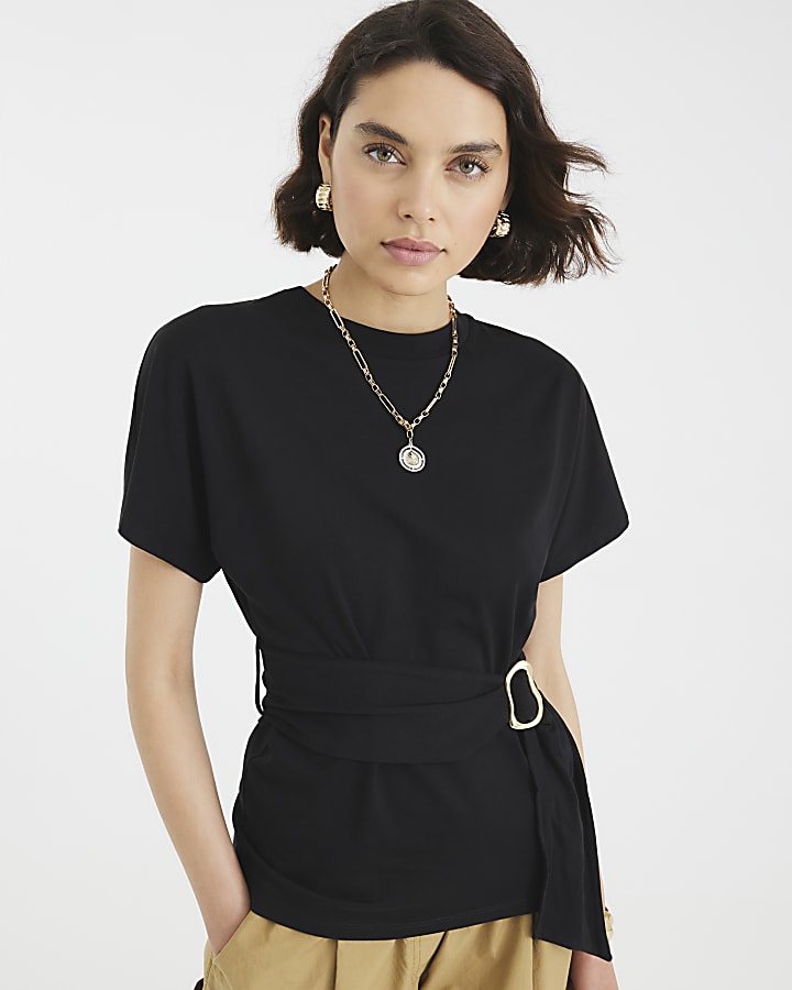 Black Short Sleeve Belted T-shirt