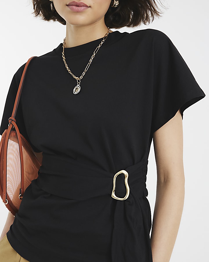Black Short Sleeve Belted T-shirt