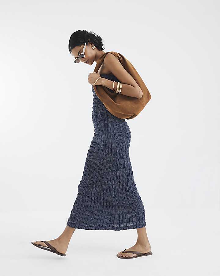 Blue Textured Bandeau Dress