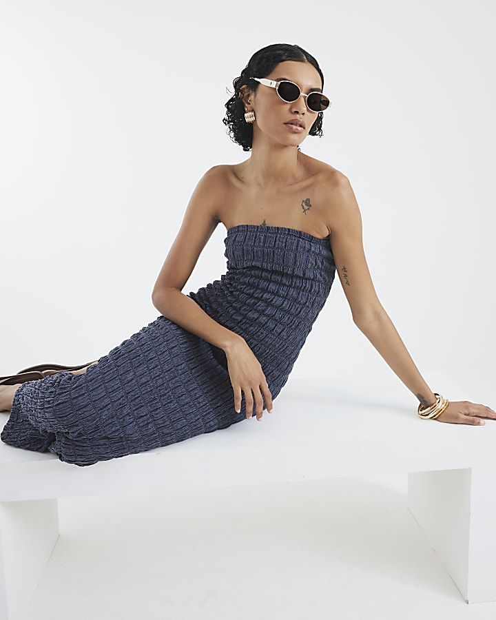 Blue Textured Bandeau Dress