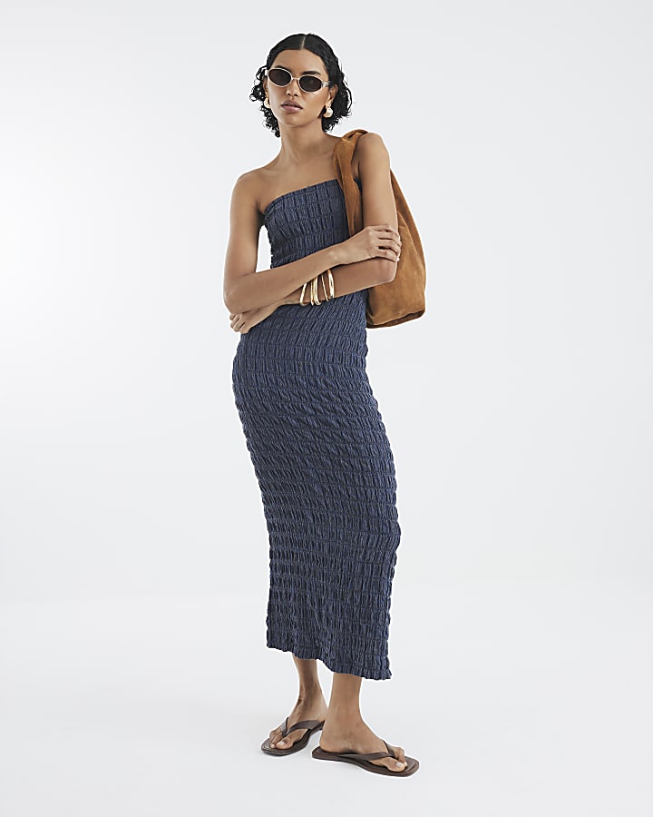 Blue Textured Bandeau Dress