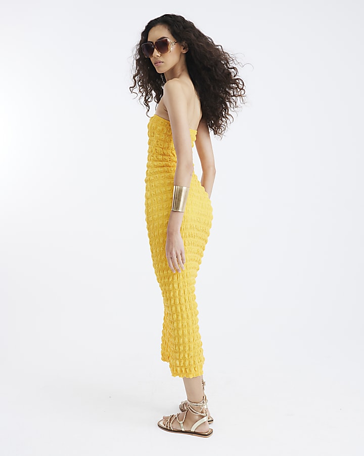 Yellow Textured Bandeau Midi Dress