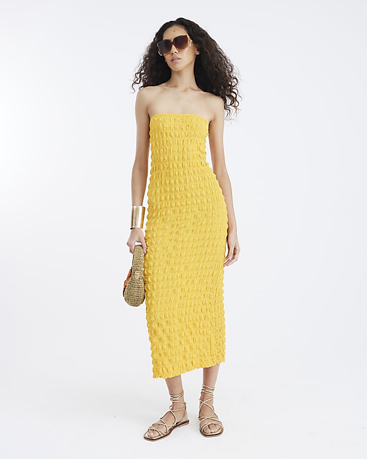 Yellow Textured Bandeau Midi Dress