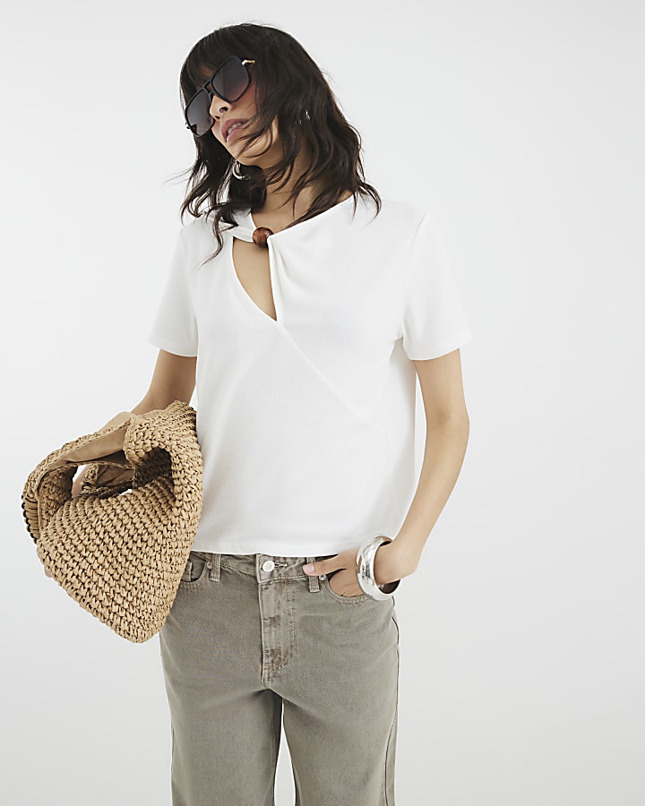 White Short Sleeve Trim Neckline T-Shirt