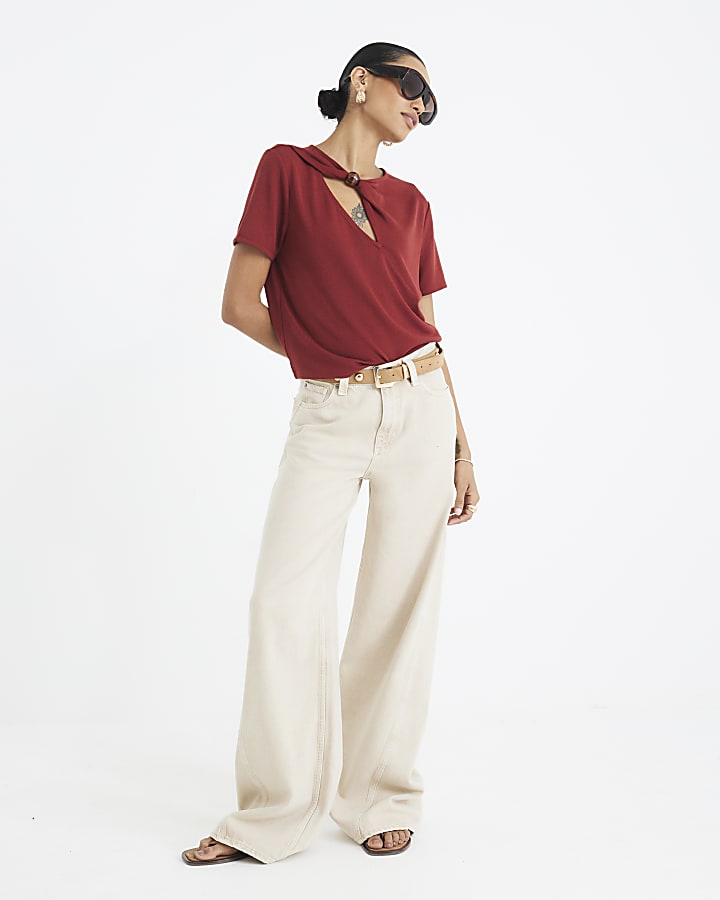 Red Short Sleeve Trim Neckline T-Shirt