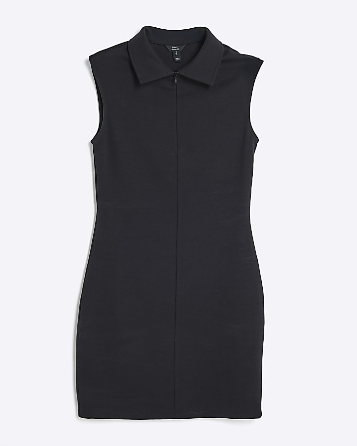 Black Sleeveless Zip Collar Mini Dress