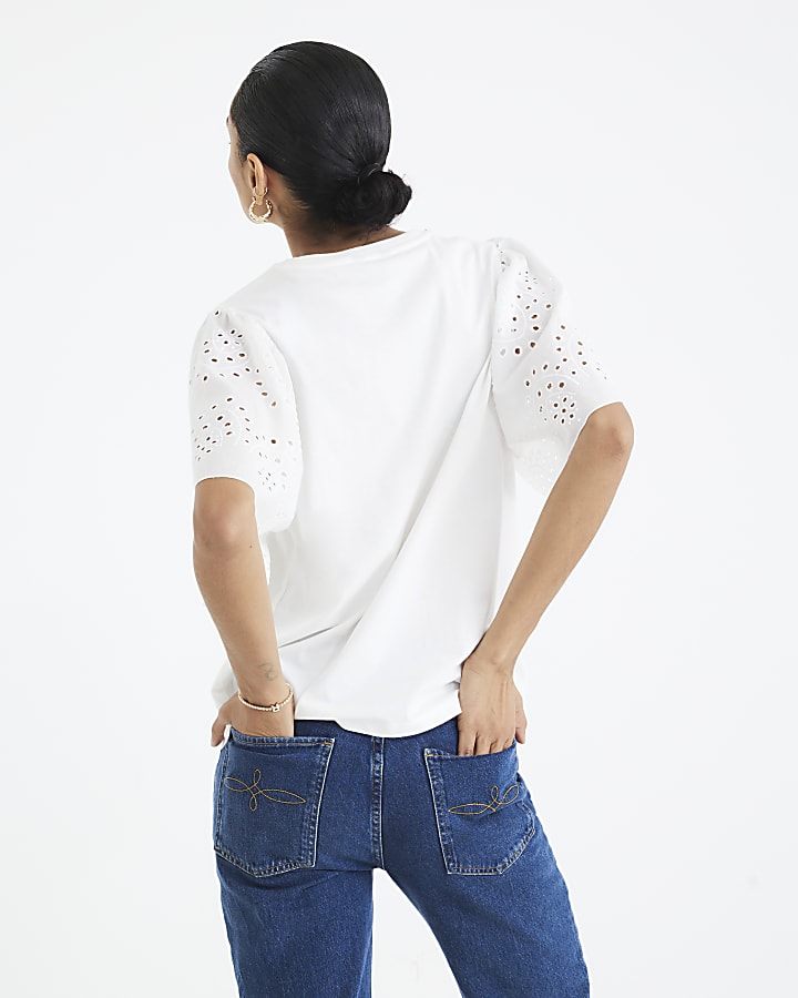 White Short Sleeve Broderie T-shirt