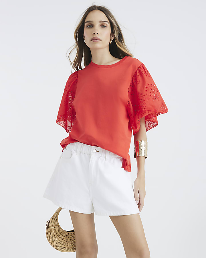 Red Short Sleeve Broderie T-shirt