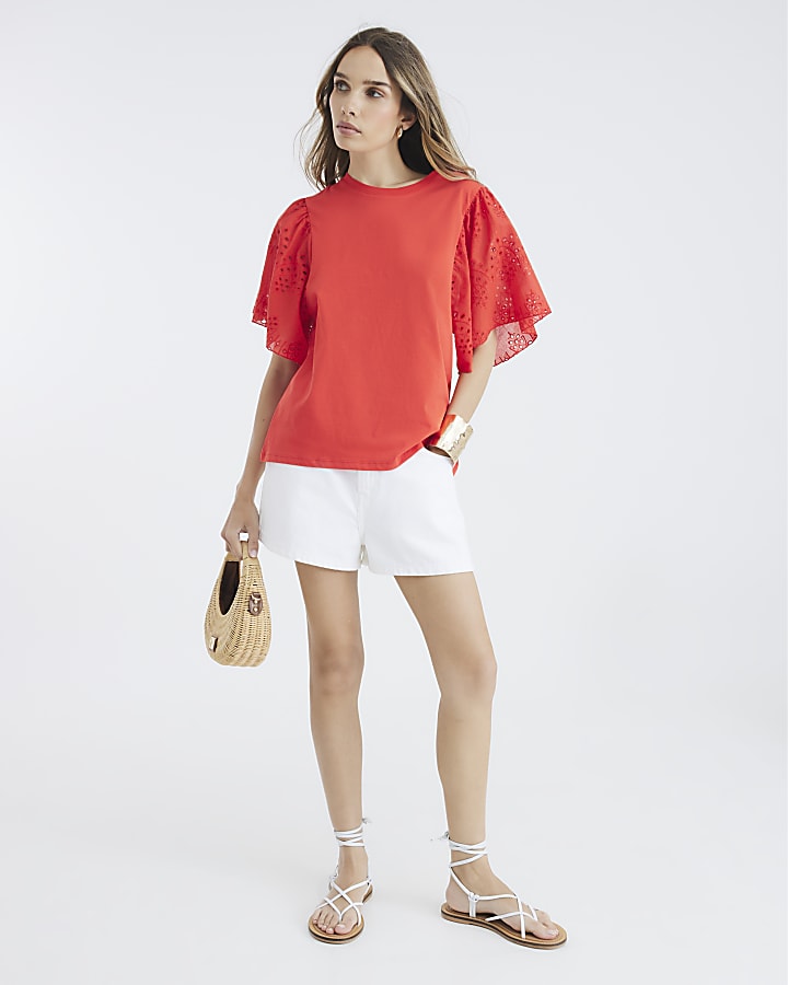 Red Short Sleeve Broderie T-shirt