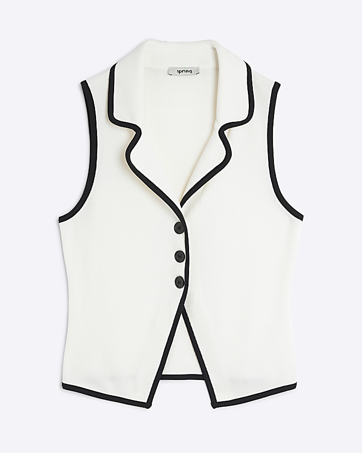 Cream Sleeveless Tipped Button Up Top