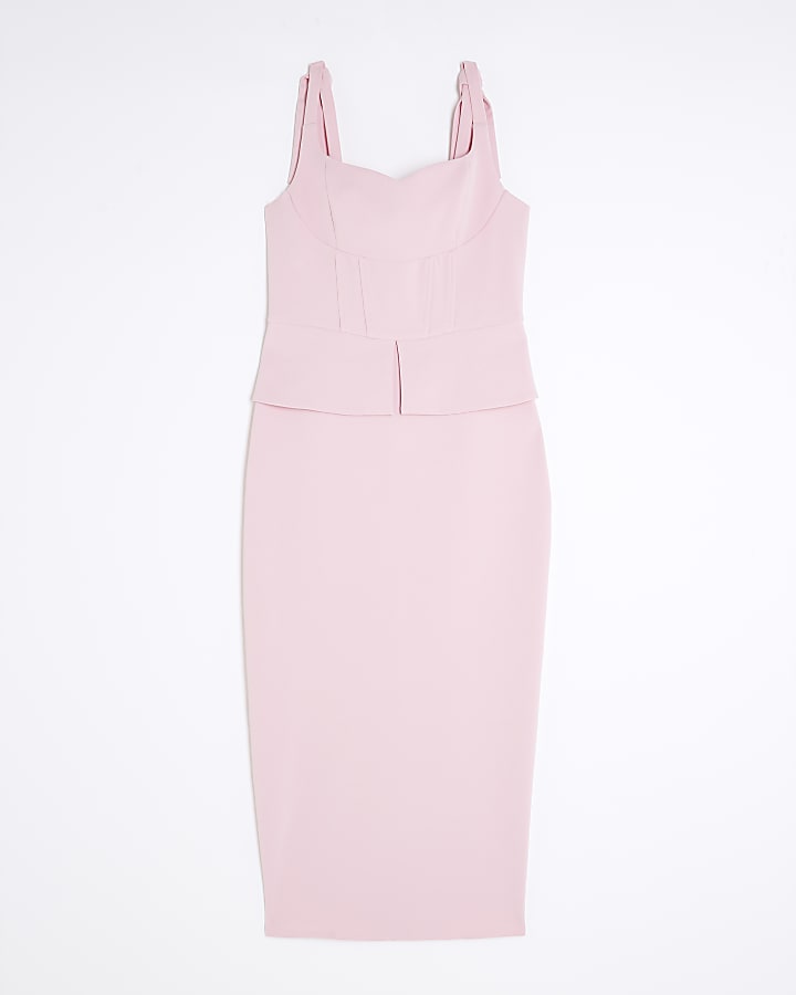 Pink Sleeveless Bow Detail Corset Midi Dress