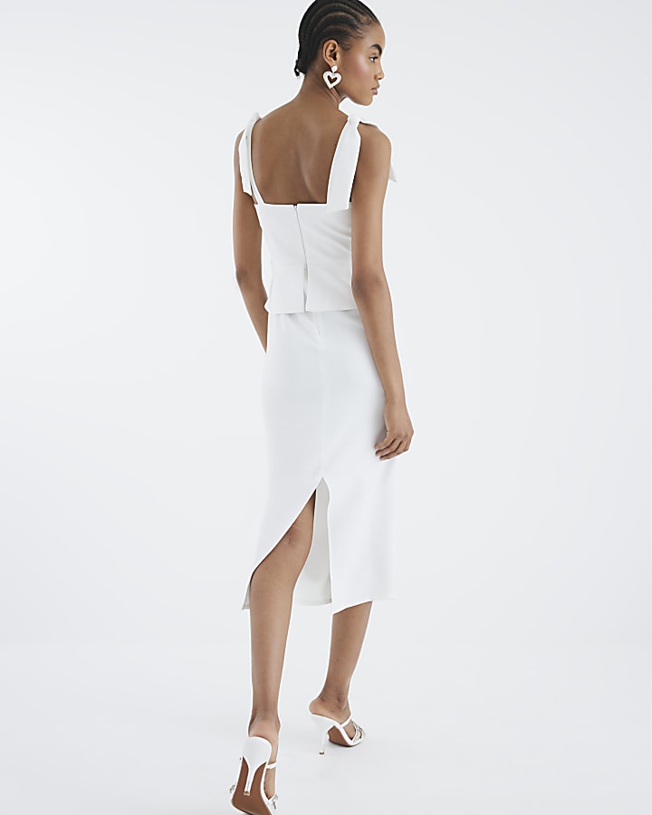 White Sleeveless Bow Detail Corset Midi Dress