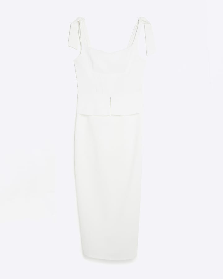 White Sleeveless Bow Detail Corset Midi Dress