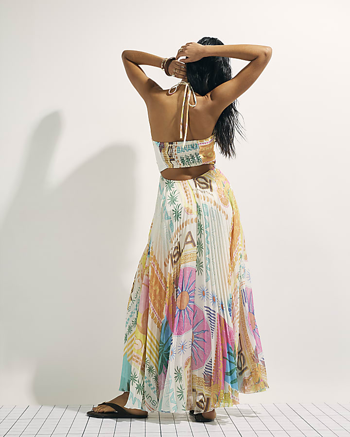 Orange Halter Neck Pleated Maxi Dress