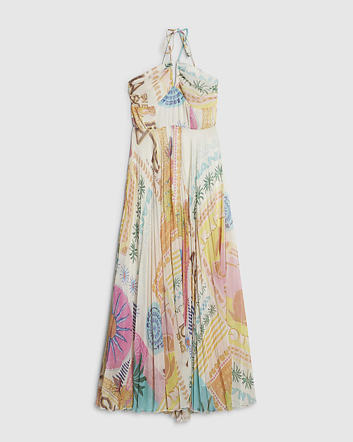 Orange Halter Neck Pleated Maxi Dress