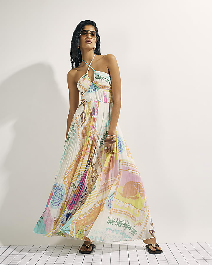 Orange Halter Neck Pleated Maxi Dress