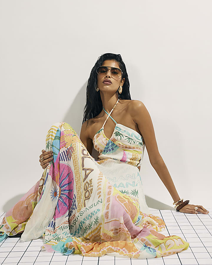 Orange Halter Neck Pleated Maxi Dress