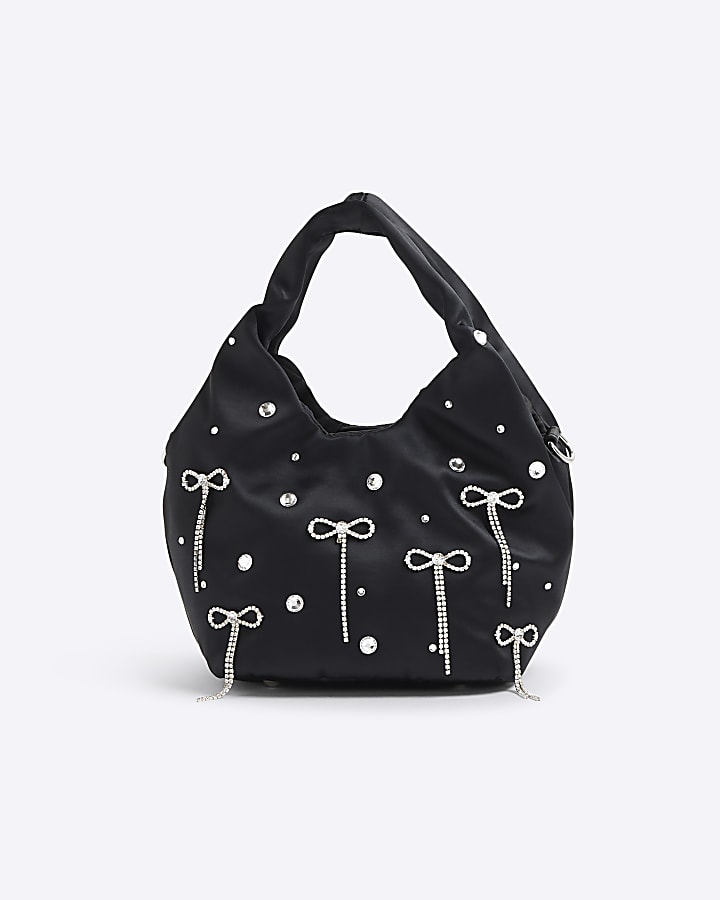 Black Satin Diamante Bow Grab Bag