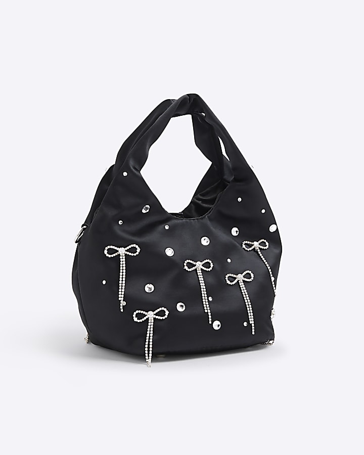 Black Satin Diamante Bow Grab Bag