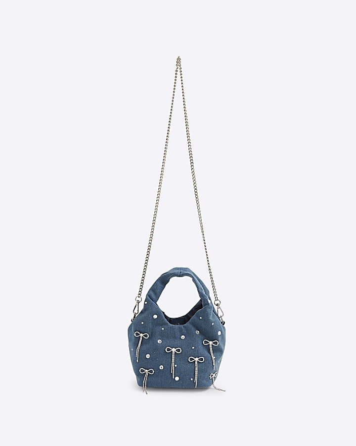 Blue Denim Diamante Bow Grab Bag
