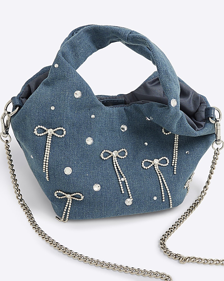 Blue Denim Diamante Bow Grab Bag