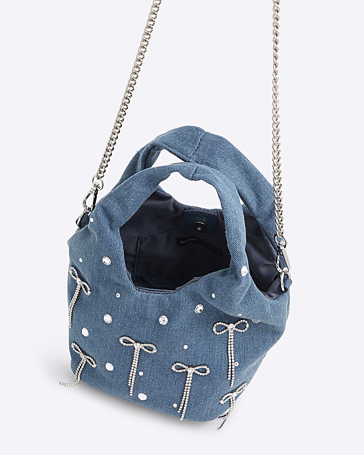 Blue Denim Diamante Bow Grab Bag