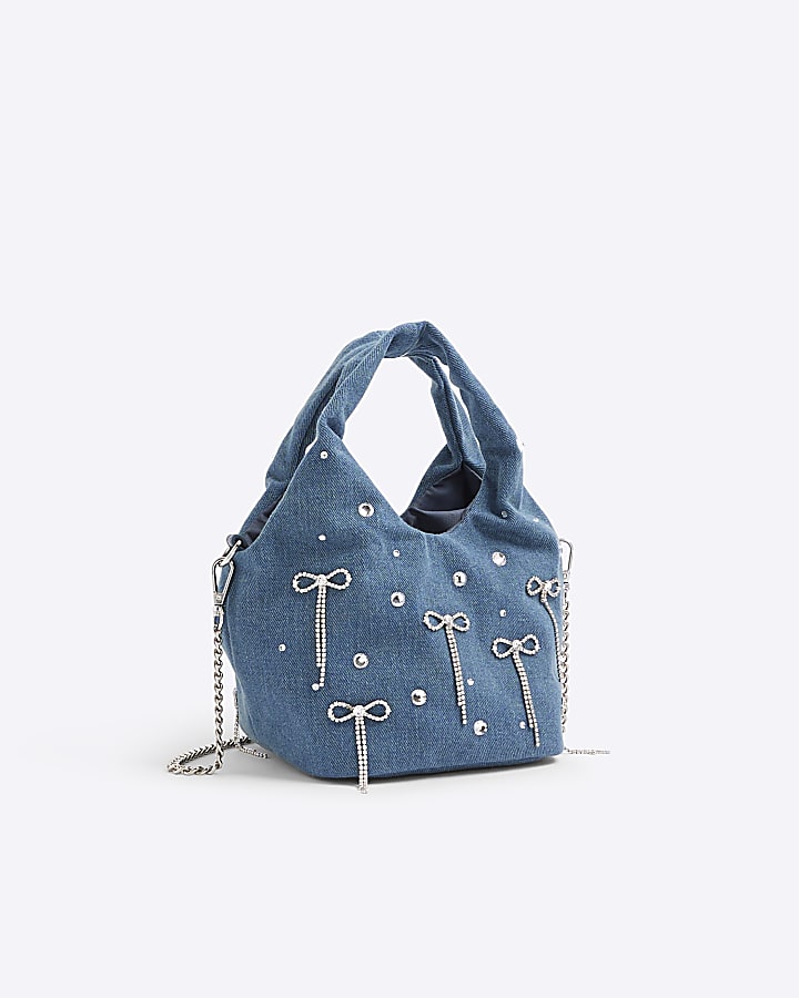Blue Denim Diamante Bow Grab Bag