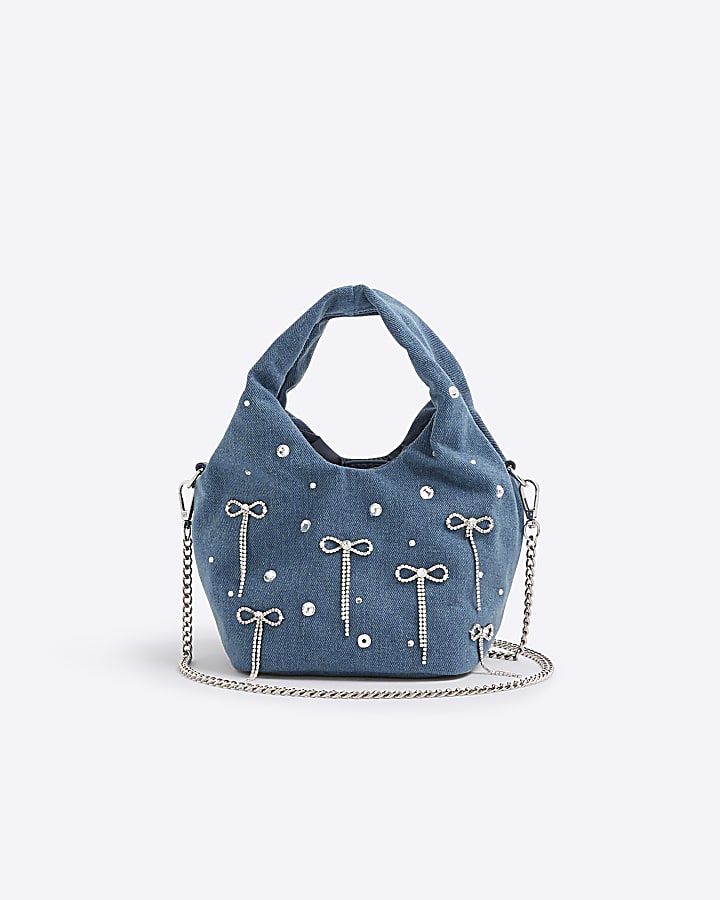 Blue Denim Diamante Bow Grab Bag