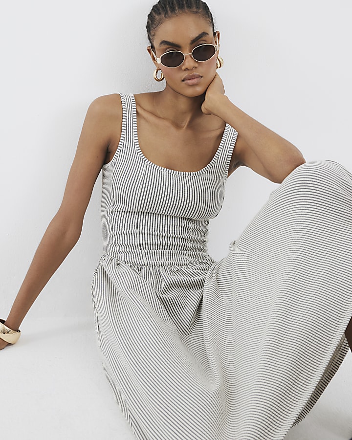 Black Sleeveless Stripe Midi Dress
