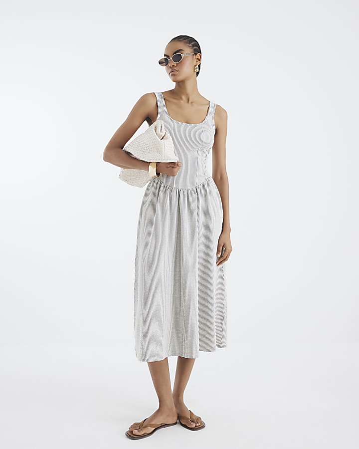 Black Sleeveless Stripe Midi Dress