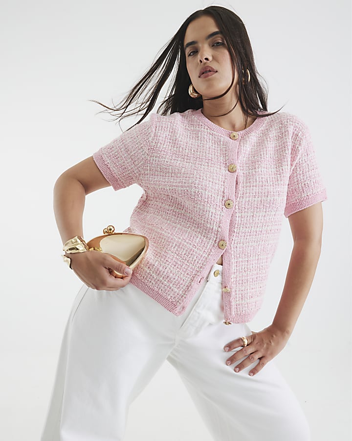 Pink Boucle Short Sleeve Cardigan