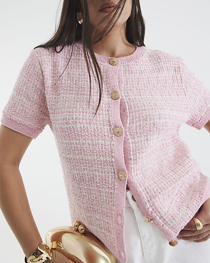 Pink Boucle Short Sleeve Cardigan