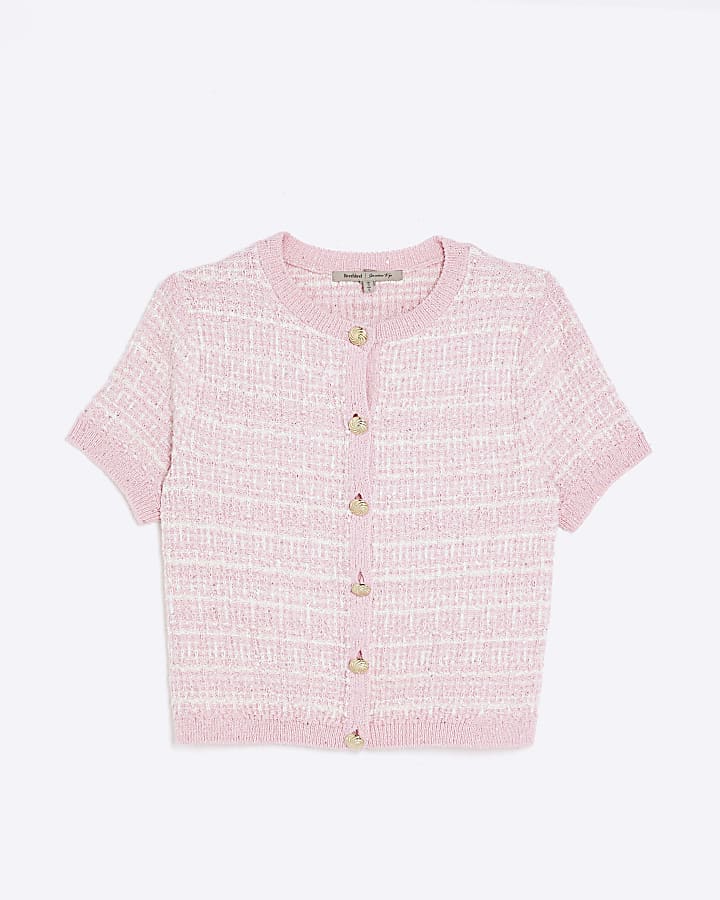 Pink Boucle Short Sleeve Cardigan