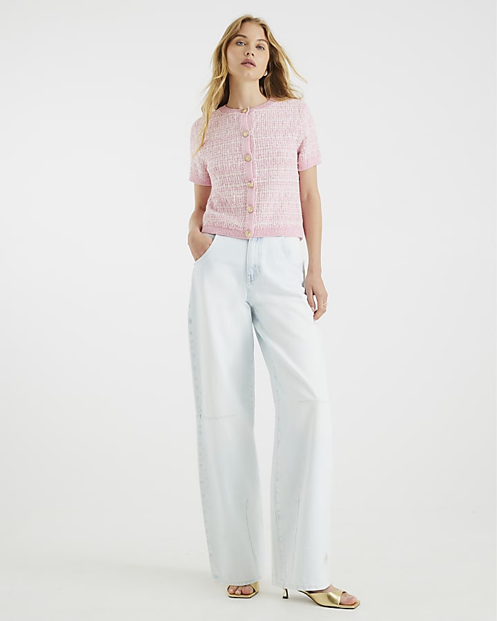 Pink Boucle Short Sleeve Cardigan