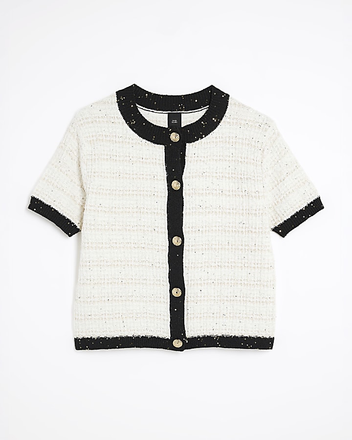 White Boucle Short Sleeve Cardigan