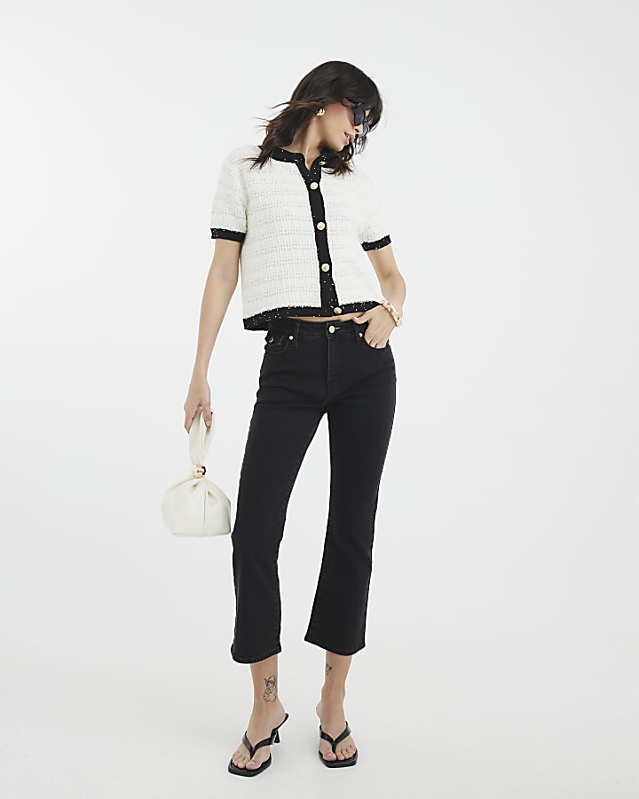White Boucle Short Sleeve Cardigan